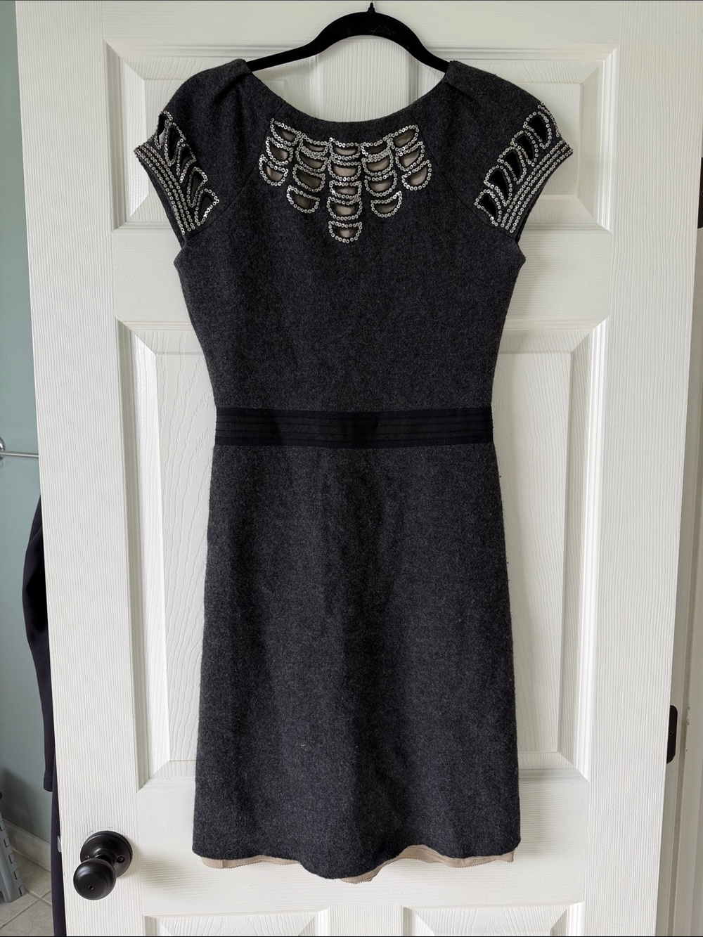 Tory Burch Charcoal Wool Sheath Dress with Beaded Neckline